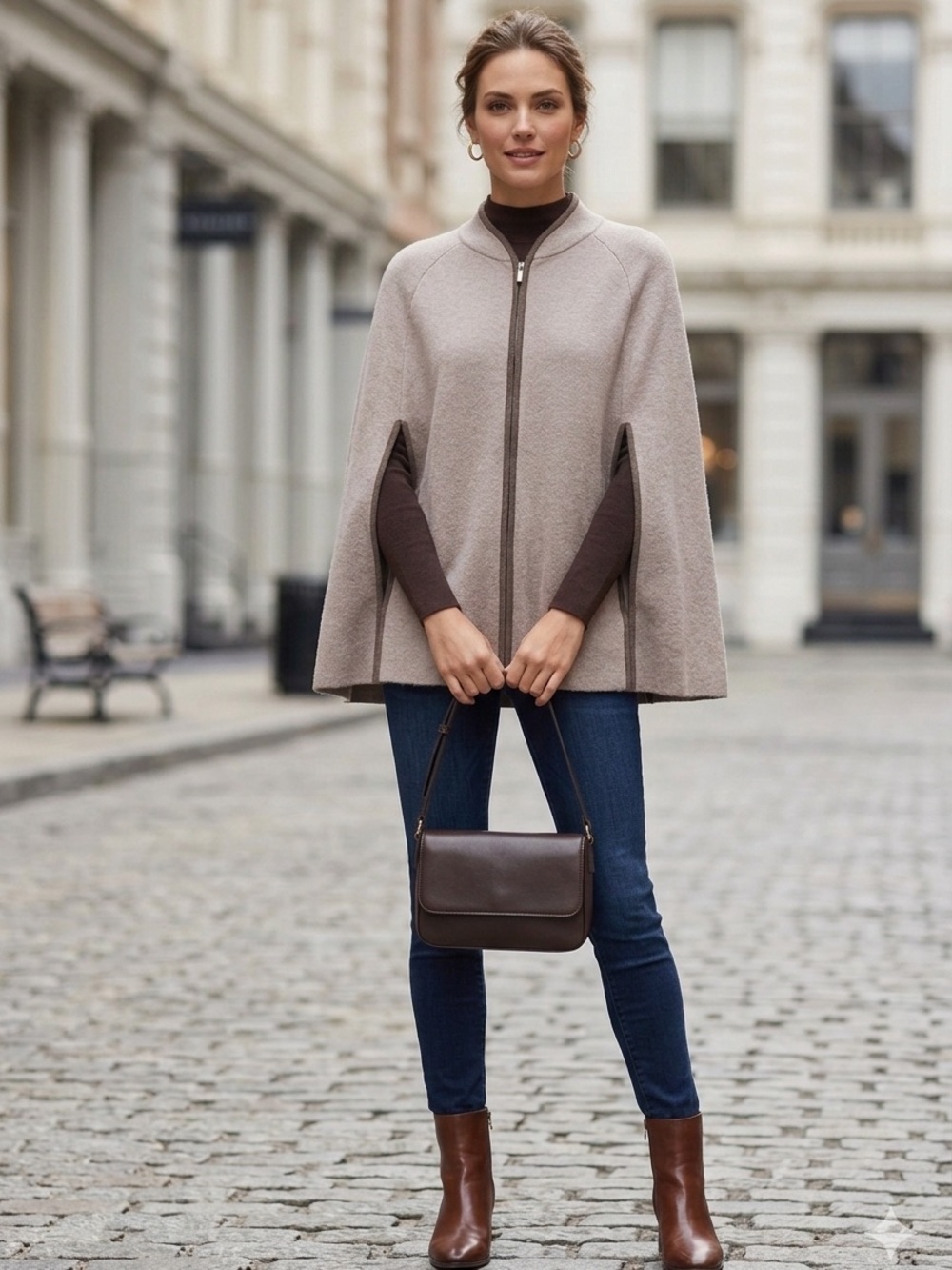 Tahari Knit Zip-Up Cape Poncho Sweater Oatmeal Beige One Size